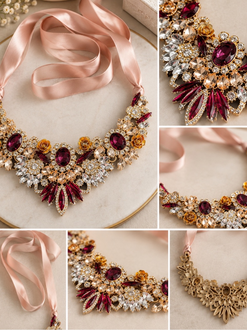 Gold-Tone Floral Statement Necklace with Burgundy Crystals